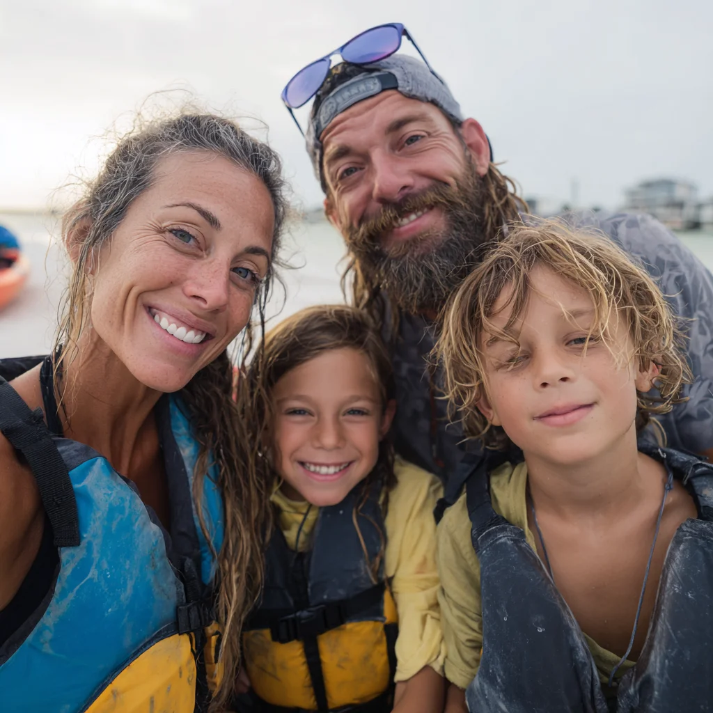 Happy family on kayak tour